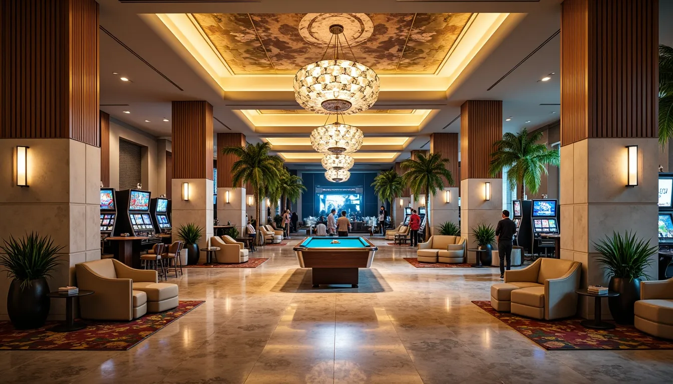 Elegáns kaszinótér pálmákkal és világos márvány felületekkel